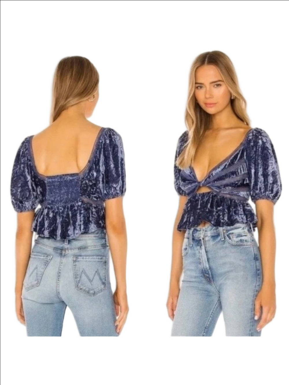 FREE PEOPLE "YOURS TRULY" WILD BLUE VELVET RUFFLE LACE PEPLUM FAIRY WOMEN'S TOP